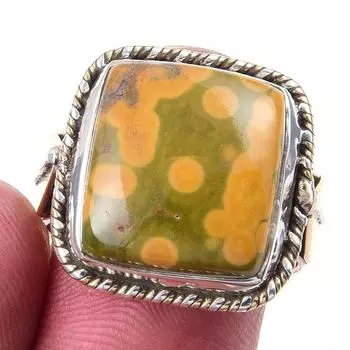 Natural Ocean Jasper Gemstone 925 Sterling Silver Jewelry Two Tone Ring S.8 U3C66