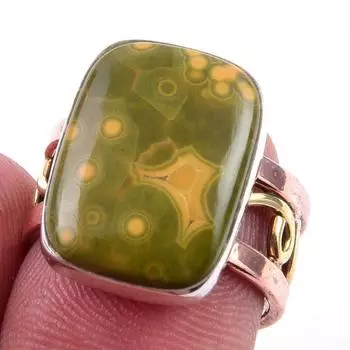 Natural Ocean Jasper Gemstone 925 Sterling Silver Two Tone Ring Size 6.5 s5m87