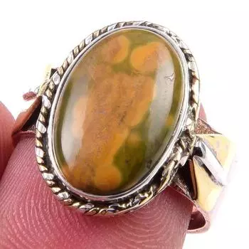 Natural Ocean Jasper Gemstone 925 Sterling Silver Jewelry Two Tone Ring S.7 t7f15