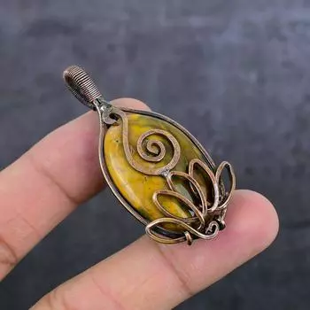 Natural Ocean Jasper Gemstone Copper Wire Wrap Jewelry Pendant 2.25 H5o12