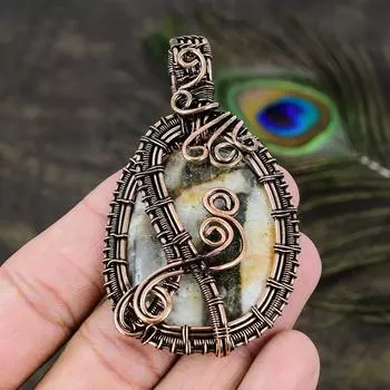 Natural Ocean Jasper Gemstone Handmade Copper Wire Wrap Pendant 2.96 B6y04