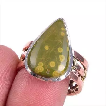 Natural Ocean Jasper Gemstone Two Tone 925 Sterling Silver Jewelry Ring S.9 o9a64