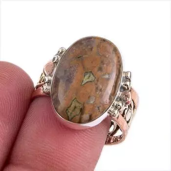 Natural Ocean Jasper Gemstone Two Tone 925 Sterling Silver Jewelry Ring S.9 G7M33