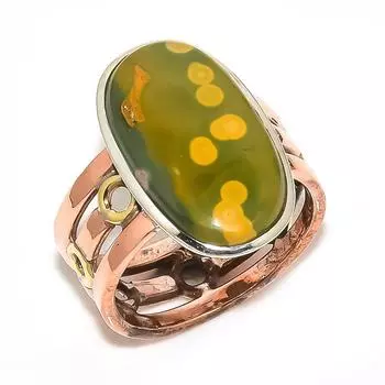 Natural Ocean Jasper Gemstone Two Tone 925 Sterling Silver Jewelry Ring S.9 K7h12