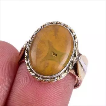 Natural Ocean Jasper Gemstone Two Tone 925 Sterling Silver Jewelry Ring S.7 y1t89