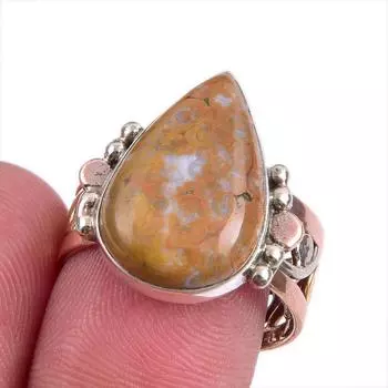 Natural Ocean Jasper Gemstone Two Tone 925 Sterling Silver Jewelry Ring S.8 I1C33