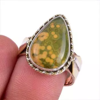 Natural Ocean Jasper Gemstone Two Tone 925 Sterling Silver Jewelry Ring S.9 L2T39