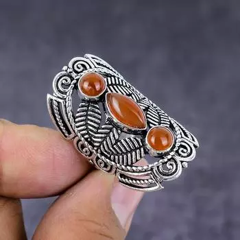 Кольцо из серебра 925 пробы с натуральным оранжевым сердоликом, размер 9, s3d46