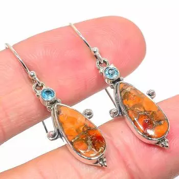 Natural Orange Copper Turquoise, Blue Topaz 925 Solid Silver Earring 1.50 Y7p60