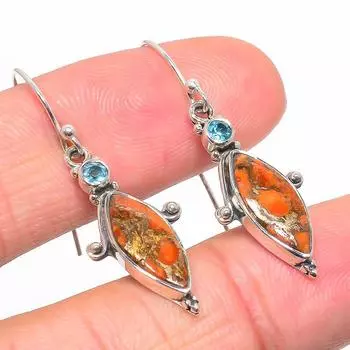 Natural Orange Copper Turquoise, Blue Topaz 925 Solid Silver Earring 1.50 f4p67