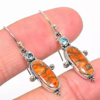 Natural Orange Copper Turquoise, Blue Topaz 925 Solid Silver Earring 1.50 b4U95