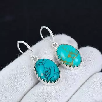 Серьги из натурального овального бирюзового камня из стерлингового серебра 925 пробы, серьги-подвески из серебра в стиле бохо, подарки на День святого Валентина, подарки для нее 2.16 синий
