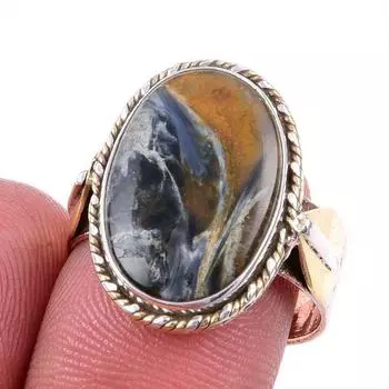 Natural Pietersite Gemstone 925 Solid Silver Jewelry Two Tone Ring S.8.5US V9n97