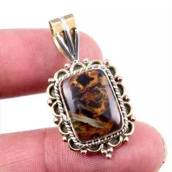 Natural Pietersite Gemstone 925 Solid Sterling Silver Two Tone Pendant 1.5 D4C73