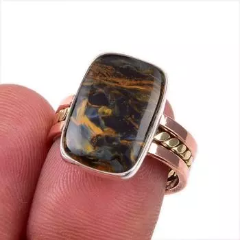 Natural Pietersite Gemstone 925 Solid Sterling Silver Two Tone Ring S.7.5 P5U43