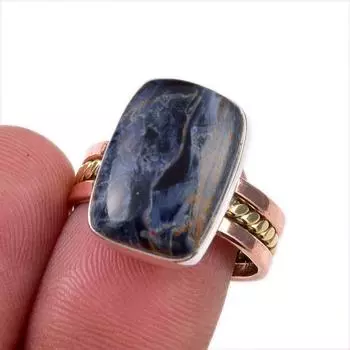 Natural Pietersite Gemstone 925 Solid Sterling Silver Two Tone Ring S.7.5 M8R74