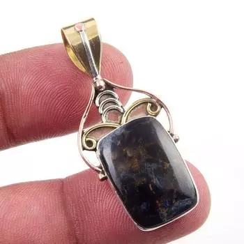Natural Pietersite Gemstone 925 Solid Sterling Silver TwoTone Pendant 1.75 V6Y01