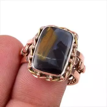 Natural Pietersite Gemstone 925 Solid Sterling Silver Two Tone Ring S.7.5 Z6k40