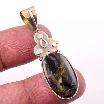 Natural Pietersite Gemstone 925 Solid Sterling Silver TwoTone Pendant 1.75 f7l69