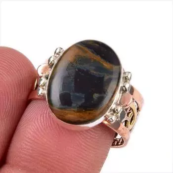 Natural Pietersite Gemstone 925 Solid Sterling Silver Two Tone Ring Size 8 Z1c57