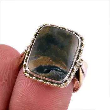 Natural Pietersite Gemstone 925 Solid Sterling Silver Two Tone Ring Size 7 i3t81
