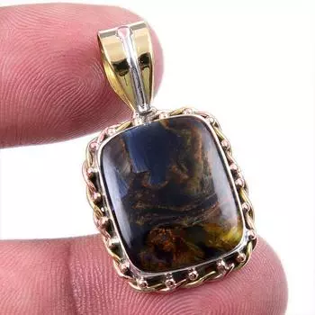 Natural Pietersite Gemstone 925 Solid Sterling Silver TwoTone Pendant 1.25 e7m79