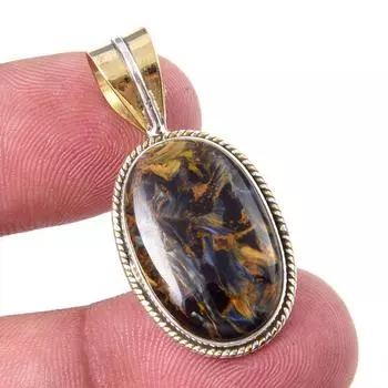 Natural Pietersite Gemstone 925 Solid Sterling Silver TwoTone Pendant 1.25 w5M36