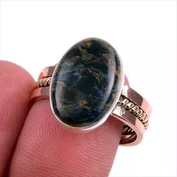 Natural Pietersite Gemstone 925 Solid Sterling Silver Two Tone Ring Size 8 F5b29