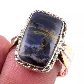 Natural Pietersite Gemstone 925 Sterling Silver Jewelry Two Tone Ring S.8.5 J1w21