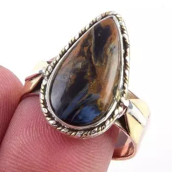 Natural Pietersite Gemstone Handmade 925 Sterling Silver Two Tone Ring S.9 r3M97