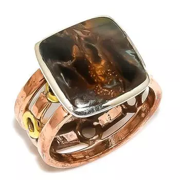 Natural Pietersite Gemstone Two Tone 925 Sterling Silver Jewelry Ring S.7.5 d5N68