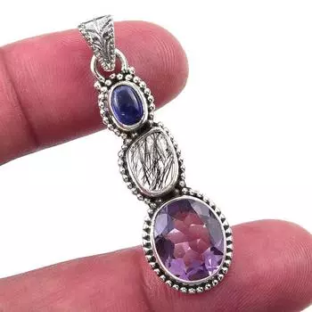 Natural Pink Amethyst, Black Rutile 925 Solid Sterling Silver Pendant 1.75 j9d30