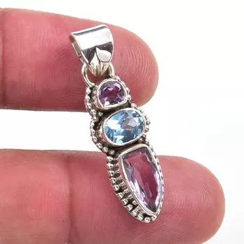 Natural Pink Amethyst,Blue Topaz 925 Solid Sterling Silver Pendant 1.25 U4M82