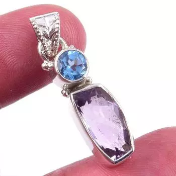 Natural Pink Amethyst,Blue Topaz Gemstone 925 Solid Silver Pendant 1.25 K7i09