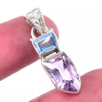 Natural Pink Amethyst,Blue Topaz Gemstone 925 Solid Silver Pendant 1.25 K0P17
