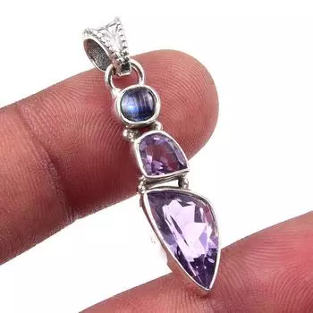 Natural Pink Amethyst, Kyanite 925 Solid Sterling Silver Pendant 1.50 m2V26