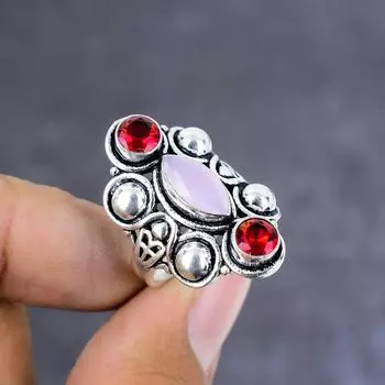 Natural Pink Chalcedony,Garnet Gemstone 925 Sterling Silver Gift Ring S.10 D7N60