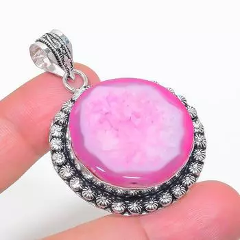 Natural Pink Druzy Slice Gemstone 925 Sterling Silver Jewelry Pendant 2.05 u7l06