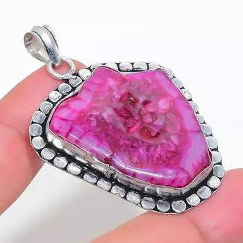 Natural Pink Druzy Slice Gemstone 925 Sterling Silver Jewelry Pendant 2.09 k8i23