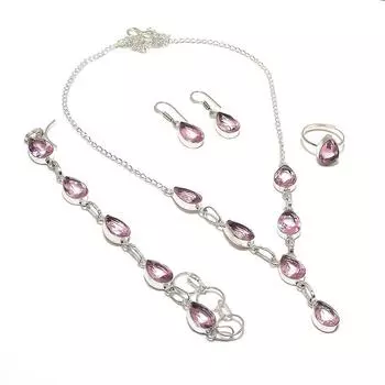 Natural Pink Kunzite Gemstone Handmade 925 Sterling Silver Jewelry Set w5M78