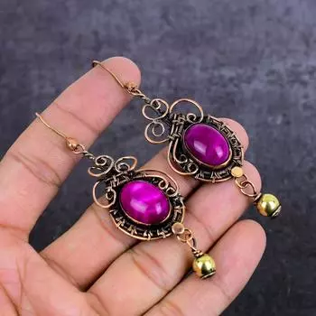 Серьги-обертки из натурального розового кружевного агата с медной проволокой 3,23 дюйма b5b39