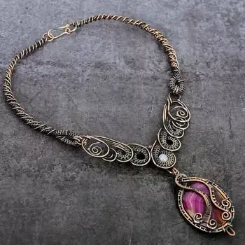 Ювелирное ожерелье из натурального розового кружевного агата, лунного камня, медной проволоки, 18 дюймов, f3B29
