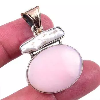 Natural Pink Opal,Biwa Pearl 925 Solid Sterling Silver Gift Pendant 1.75 d5J71