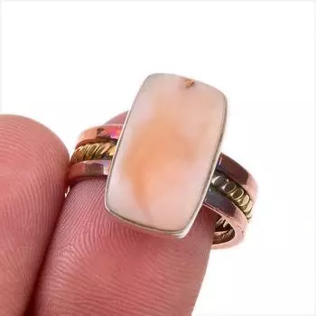 Natural Pink Opal Gemstone 925 Solid Sterling Silver Two Tone Ring Size 7 h3e85