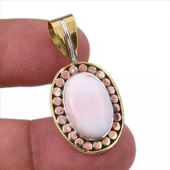 Natural Pink Opal Gemstone 925 Solid Sterling Silver Two Tone Pendant 1.50 H2L36