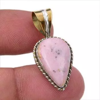 Natural Pink Opal Gemstone 925 Solid Sterling Silver Two Tone Pendant 1.25 n0e79