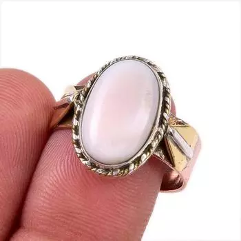 Natural Pink Opal Gemstone 925 Solid Sterling Silver Two Tone Ring Size 9 H1W27