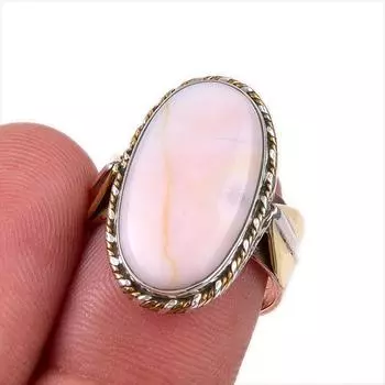 Natural Pink Opal Gemstone 925 Solid Sterling Silver Two Tone Ring Size 7 l7J71