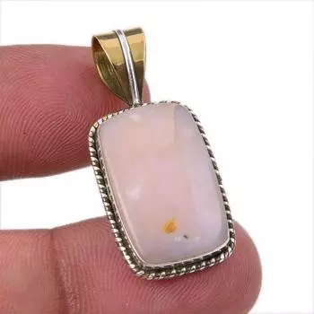 Natural Pink Opal Gemstone 925 Solid Sterling Silver Two Tone Pendant 1.25 U9H49