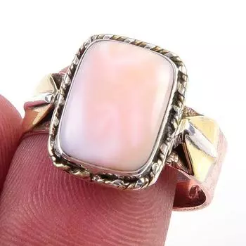 Natural Pink Opal Gemstone Handmade 925 Sterling Silver Two Tone Ring S.9.5 Q3P25